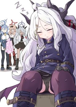 Rule 34 | 4girls, ahoge, ako (blue archive), black panties, blue archive, blue hair, breasts, chinatsu (blue archive), dark-skinned female, dark skin, demon girl, demon horns, demon wings, grey hair, halo, highres, hina (blue archive), hina (pajamas) (blue archive), horns, iori (blue archive), long hair, medium hair, mosuke1221, multiple girls, orange hair, panties, prefect team (blue archive), red halo, sitting, small breasts, standing, twintails, underwear, white hair, wings