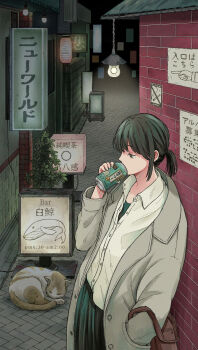 1girl 9999_on absurdres alley animal black_eyes black_hair can cat coat commentary_request cowboy_shot drink_can from_side grey_coat hand_in_pocket hand_up highres holding holding_can light_bulb long_sleeves night no_smoking open_clothes open_coat original outdoors plant poster_(object) profile scenery short_hair sign sleeping_animal slice_of_life solo standing translation_request