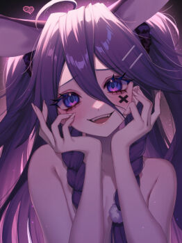 1girl ahoge animal_ears blue_eyes blush braid breasts cleavage colored_eyelashes commentary_request double-parted_bangs eyelashes fangs fingernails furrowed_brow hair_between_eyes hair_ornament hair_scrunchie hairpin hands_on_own_face heart highres long_bangs long_fingernails long_hair looking_at_viewer mekariruwii multicolored_eyes multiple_hairpins nude open_mouth original purple_hair scrunchie simple_background smile solo teeth tongue twin_braids twintails upper_teeth_only very_long_hair x_(symbol) yandere