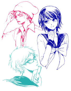 1boy 2girls alternate_hair_length_(shorter) beanie blush bow chara_rira closed_mouth commentary_request danganronpa:_trigger_happy_havoc danganronpa_(series) danganronpa_2:_goodbye_despair eyelashes fingernails glasses hair_ornament hairclip hand_on_headwear hat holding limited_palette long_sleeves maizono_sayaka multiple_girls pekoyama_peko pixie_cut sailor_collar sharp_teeth short_hair simple_background smile soda_kazuichi split_mouth sweat teeth very_short_hair white_background zipper