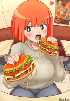 Rule 34 | 1girl, absurdres, artist name, blunt bangs, blunt ends, blush, breasts, bright pupils, brown eyes, brown shirt, burger, commentary request, eating, fisheye, food, grey pants, highres, holding, holding burger, holding food, large breasts, mother (yoru mac), open mouth, orange hair, pants, phaser array, shirt, short hair, sitting, solo, white pupils, yoru mac