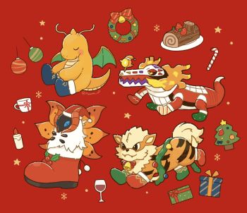 Rule 34 | arcanine, bell, black sclera, brown eyes, cake, candy, candy cane, christmas, christmas ornaments, christmas wreath, closed eyes, colored sclera, commentary request, cup, dragon, dragonite, drinking glass, fangs, fire, fire bird (skeledirge), food, gen 1 pokemon, gen 5 pokemon, gift, highres, mug, nintendo, no humans, oawa oo, open mouth, pokemon, pokemon (creature), red background, simple background, sitting, skeledirge, star (symbol), volcarona, wine glass, wings, wreath, yellow eyes