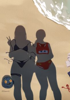 2girls @_@ absurdres artist_name beach bikini bird chainsaw_man character_print curvy disney dressed_shadow_(meme) highres implied_nudity l1amanade lightning_bolt_symbol lightning_mcqueen long_hair meme mitaka_asa multiple_girls owl ringed_eyes sand shadow striped_clothes swimsuit twintails v war_devil_(chainsaw_man) water yoru_(chainsaw_man)