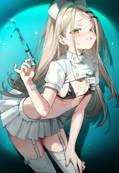 1girl absurdres blonde_hair breasts commentary_request gakuen_idolmaster hat high_heels highres idolmaster long_hair needle nurse nurse_cap orange_eyes pleated_skirt shinosawa_hiro skirt socks white_socks yoi_don