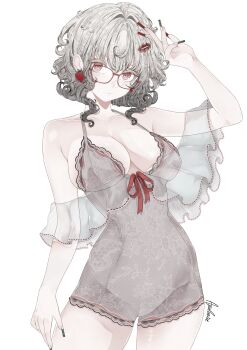 1girl apolonia-07 bare_shoulders blush breasts closed_mouth earrings fingernails glasses grey_hair highres jewelry lace lingerie long_fingernails looking_at_viewer original red_eyes short_hair simple_background standing underwear upper_body white_hair