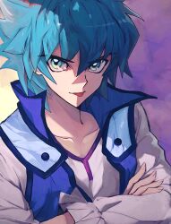 Rule 34 | 1boy, blue eyes, blue hair, blue vest, collarbone, commentary request, crossed arms, highres, johan andersen, katasode cd, male focus, open clothes, open vest, shirt, short hair, solo, spiked hair, tongue, tongue out, upper body, vest, white shirt, yu-gi-oh!, yu-gi-oh! gx