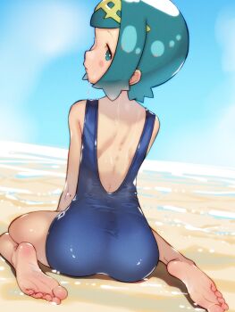 1girl ass back backless_swimsuit barefoot beach blue_eyes blue_hair blue_one-piece_swimsuit blush_stickers day from_behind lana_(pokemon) loli looking_at_viewer looking_back nintendo no_sclera ocean one-piece_swimsuit outdoors pokemon pokemon_sun_and_moon sand short_hair sitting solo soon_(c-u-soon) swimsuit wariza water