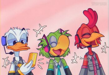 3boys absurdres akita_neru akita_neru_(cosplay) cosplay detached_sleeves disney donald_duck duck_boy hatsune_miku hatsune_miku_(cosplay) highres jose_carioca kasane_teto kasane_teto_(cosplay) kasane_teto_(utau) laughing mickey_mouse_&amp;_friends multiple_boys necktie open_mouth panchito_pistoles parody shirt sleeveless sleeveless_shirt smile stormagedoom the_three_caballeros triple_baka_(vocaloid) utau vocaloid