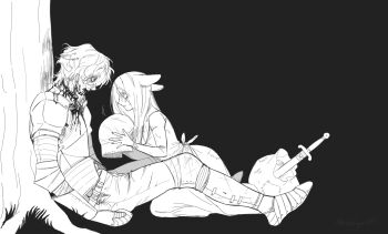 1boy 1girl animal_ears armor arthurlogansdps bleeding blood blood_from_mouth blood_on_face commentary_request dog_ears dog_girl dog_tail dress full_body greyscale helmet highres korean_commentary long_hair monochrome original outdoors short_hair sitting slit_throat sword tail tree under_tree weapon