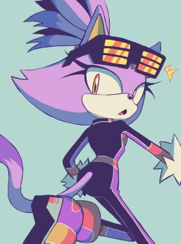 1girl animal_ears blaze_the_cat blaze_the_cat_(racesuit) blue_background bodysuit cat_ears cat_girl cat_tail eyewear_on_head furry furry_female gr_appx highres looking_at_viewer looking_back multicolored_bodysuit ponytail purple_fur simple_background sonic_(series) tail yellow_eyes