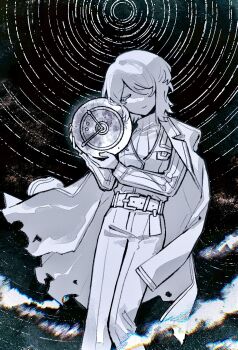 Rule 34 | 1girl, belt, chinese commentary, closed eyes, closed mouth, coat, coat on shoulders, commentary request, dante (limbus company), dated commentary, faust (project moon), greyscale, highres, id card, ivy (675671), limbus company, monochrome, pants, project moon, ribbed sweater, ripples, short hair, smile, solo, sweater, torn clothes, torn coat, vest