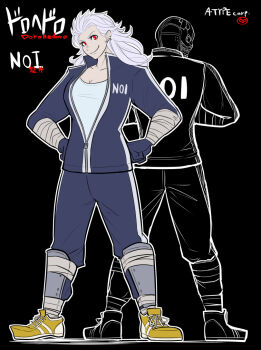Rule 34 | 2girls, back-to-back, blue gloves, breasts, character name, cleavage, commentary request, copyright name, dorohedoro, dual persona, ear piercing, earrings, full body, gloves, hands on own hips, head tilt, jacket, jewelry, large breasts, mask, matsu (a-type corp), multiple girls, noi (dorohedoro), pants, partially unzipped, piercing, red eyes, shin guards, shoes, signature, smile, sneakers, track jacket, track pants, track suit, white hair, yellow shoes