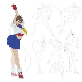 Rule 34 | 2girls, 5boys, absurdres, anatomy, arms behind head, blue sailor collar, blue skirt, breasts, brown hair, closed eyes, closed mouth, cropped torso, crossed legs, demon horns, demon tail, fezzleoni, fingerless gloves, full body, gloves, hands on own hips, headband, highres, horns, kasugano sakura, leaning forward, medium breasts, midriff, multiple boys, multiple girls, muscular, muscular male, neckerchief, pleated skirt, red gloves, red shirt, red shoes, sailor collar, school uniform, shirt, shoes, short hair, short sleeves, sketch, skirt, smile, sneakers, socks, standing, street fighter, stretching, tail, turtleneck, undershirt, white background, white headband, white shirt, white socks, yellow neckerchief