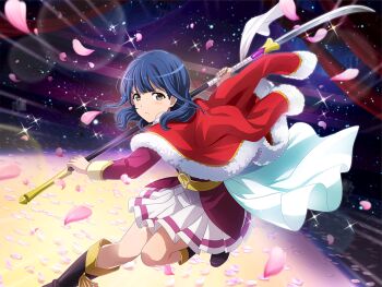 1girl belt black_boots blue_hair boots brown_eyes closed_mouth falling_petals frown fur-trimmed_jacket fur_trim game_cg hanayagi_kaoruko holding holding_polearm holding_weapon jacket jacket_on_shoulders long_sleeves looking_at_viewer medium_hair motion_lines naginata official_art petals polearm purple_jacket red_jacket shoujo_kageki_revue_starlight shoujo_kageki_revue_starlight_-re_live- skirt solo stage standing standing_on_one_leg v-shaped_eyebrows weapon white_skirt yellow_belt