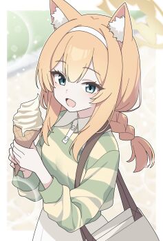Rule 34 | 1girl, absurdres, alternate costume, alternate hairstyle, animal ear fluff, bag, blue archive, blush, braid, cat girl, cat tail, food, green shirt, hair between eyes, hairband, highres, holding, holding bag, holding food, holding ice cream, ice cream, long hair, looking at viewer, mari (blue archive), open mouth, orange hair, shirt, sidelocks, single braid, skirt, solo, tail, vector (dmlddmld00), white bag, white hairband, white skirt