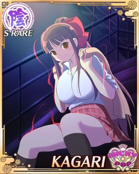 1girl aura blunt_bangs breasts card_(medium) closed_mouth game_cg hair_ribbon high_ponytail jacket kagari_(senran_kagura) large_breasts long_hair looking_at_viewer night non-web_source official_alternate_costume official_art ponytail red_eyes red_hair red_ribbon ribbon senran_kagura senran_kagura_new_wave sidelocks sitting smile solo unworn_jacket