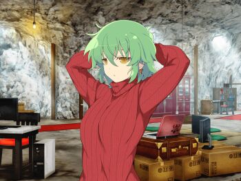 1girl :o arms_behind_head blush book bookshelf box breasts cabinet cardboard_box cave chair computer earrings green_hair half-closed_eyes hanging_light hikage_(senran_kagura) indoors jewelry laptop large_breasts light_bulb looking_at_viewer official_art red_sweater ribbed_sweater senran_kagura senran_kagura_new_link senran_kagura_shoujo-tachi_no_shin'ei short_hair slit_pupils solo sweater table yaegashi_nan yellow_eyes