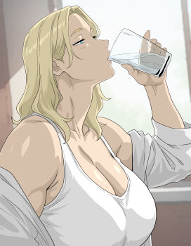 1girl bare_shoulders blonde_hair blue_eyes breasts cleavage commentary_request cup drink drinking drinking_glass half-closed_eyes hand_up highres holding holding_cup holding_drink indoors joi_(joitoygarden) large_breasts medium_hair open_clothes open_shirt original parted_bangs sharon_gordon_(joi) shirt shirt_partially_removed solo tank_top upper_body water white_shirt white_tank_top