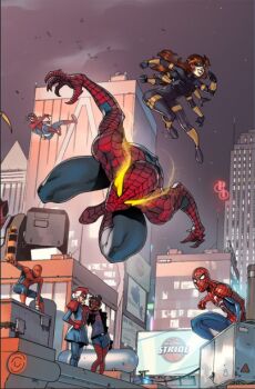 3girls 4boys animal_print billboard blue_bodysuit bodysuit building city cityscape claws comic_cover commentary crossover dark-skinned_female dark_skin dynamic_pose english_commentary glowing glowing_eyes in-franchise_crossover krazykrow leopardon marvel mask may_parker mecha multicolored_bodysuit multiple_boys multiple_girls night night_sky official_art peter_parker print_bodysuit red_bodysuit robot science_fiction short_hair silk sky skyscraper spider-man spider-man_(2018_game) spider-man_(series) spider-man_(toei) spider-verse spider-verse_(comics) spider-woman spider_print spider_web spider_web_pattern spider_web_print spinnerette spinnerette_(character) super_robot superhero_costume textless_version two-tone_bodysuit variant_set western_comics_(style) yamashiro_takuya yellow_eyes