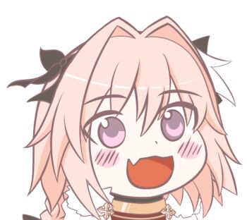 1boy androgynous astolfo_(rider)_(fate) black_bow blush_stickers bow braid chibi fang fate/apocrypha fate_(series) gyate_gyate hair_bow hair_intakes male_focus multicolored_hair open_mouth pink_hair portrait purple_eyes skin_fang smile solo streaked_hair transparent_background white_hair xeren3