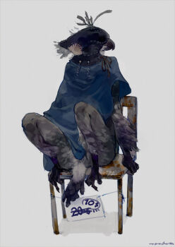 1boy animal_feet bird_boy black_feathers blue_cloak chair claws cloak falconry_hood feathers full_body furry furry_male grey_background knees_up male_focus nagabe original price prostitution simple_background sitting tail