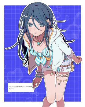 1girl alternate_costume bare_legs bikini black_hair blue_background blue_gem blush border breasts collarbone commentary cosplay drawstring fan_request feet_out_of_frame front-tie_bikini_top front-tie_top gem grey_eyes grey_shorts grid_background hair_between_eyes hair_ornament highres hood hood_down hooded_jacket hoshino_ichika_(project_sekai) jacket jewelry kitto_saikou_no_summer!_(project_sekai) leaning_forward long_hair looking_at_viewer messy_hair midriff necklace open_clothes open_jacket outline outside_border project_sekai request_inset screenshot_inset short_shorts shorts sidelocks small_breasts solo standing striped_bikini striped_clothes swimsuit teacrown teardrop_necklace tenma_saki tenma_saki_(cosplay) three-quarter_sleeves translation_request twitter_username vertical-striped_bikini vertical-striped_clothes white_border white_jacket white_outline