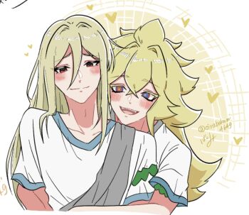 2girls afuro_terumi blonde_hair blush heterochromia highres hug inazuma_eleven_(series) inazuma_eleven_victory_road long_hair looking_at_viewer multiple_girls oirabakumi4649 teita_tanji twitter twitter_username