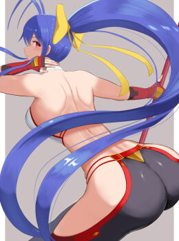 1girl antenna_hair arc_system_works artist_request ass bare_shoulders blazblue blazblue:_central_fiction blue_hair blush bow breasts fingerless_gloves from_behind gloves hair_bow hair_ribbon halterneck highres large_breasts leaning leaning_forward long_hair looking_at_viewer looking_back mai_natsume outseal pants parted_lips polearm ponytail red_eyes ribbon sideboob solo spear very_long_hair weapon