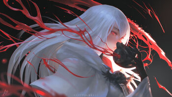 1girl absurdres artist_name black_background black_gloves black_mask blood blurry blurry_foreground closed_mouth coat commentary commission english_commentary eyelashes from_side gloves gradient_background hair_between_eyes hand_up highres holding holding_mask hood hooded_coat long_hair looking_at_viewer mask mouth_mask original paul_nong red_eyes signature skull_ornament solo unworn_mask upper_body white_coat white_hair