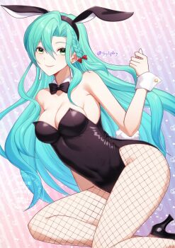 1girl aqua_hair bare_shoulders bow braid breasts chloe_(fire_emblem) cleavage covered_navel earrings fire_emblem fire_emblem_engage fishnet_pantyhose fishnets green_eyes jewelry large_breasts long_hair looking_at_viewer nintendo orange_bow pantyhose side_braid smile solo sylphy_fe teardrop_earrings very_long_hair