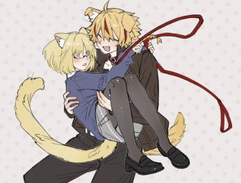 Rule 34 | 1boy, 1girl, ahoge, animal collar, animal ears, blonde hair, blue eyes, blush, braid, braided ponytail, carrying, cat ears, cat girl, cat tail, chinese commentary, closed eyes, collar, collared shirt, commentary request, dog boy, dog ears, dog tail, fate/strange fake, fate (series), glasses, hetero, holding, holding leash, jacket, kemonomimi mode, leash, medium hair, multicolored hair, open mouth, pantyhose, princess carry, red streaks, richard i (fate), sajou ayaka (fate/strange fake), shirt, shuouyu, single braid, skirt, smile, sweater, tail
