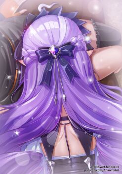 Rule 34 | 2girls, absurdres, ahoge, anarchyart, back, belle (zenless zone zero), black thighhighs, bow, braid, commentary request, face down, from above, grey skirt, hair bow, half up braid, highres, lap pillow, long hair, multicolored hair, multiple girls, partial commentary, pointy ears, purple bow, purple hair, shoulder blades, single thighhigh, sitting, skirt, solo focus, sparkle, sparkling aura, streaked hair, thighhighs, vivian banshee, yuri, zenless zone zero