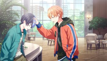 Rule 34 | 2boys, adam's apple, aoyagi touya, aqua jacket, black hoodie, blonde streaks, blue hair, blue trim, brown pants, buttons, chair, closed eyes, collared jacket, colorful palette, cowboy shot, drawstring, ear piercing, earrings, facing another, from side, game cg, go all out (project sekai), green eyes, green pants, hand in pocket, hand on another's head, hand up, highres, hood, hoodie, indoors, jacket, jewelry, looking at another, male focus, multicolored hair, multiple boys, official art, open mouth, orange hair, orange jacket, pants, piercing, plant, profile, project sekai, shinonome akito, shirt, short hair, sitting, split-color hair, standing, streaked hair, sweatdrop, third-party source, u u, upper body, white shirt, white trim, zipper