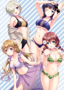 4girls :d aqua_eyes bare_arms bikini black_bikini black_hair blonde_hair blue_background blue_eyes breasts brown_hair cleavage closed_mouth collarbone commentary_request cowboy_shot diagonal-striped_background emma_verde frilled_bikini frills green_bikini grey_jacket hair_over_one_eye highres jacket jewelry kimizuka_aoi konoe_kanata large_breasts leaning_forward long_hair looking_at_viewer love_live! love_live!_nijigasaki_high_school_idol_club medium_hair mia_taylor multiple_girls navel necklace open_mouth purple_bikini purple_eyes purple_sarong sarong see-through_clothes see-through_sarong short_hair smile standing striped_background striped_bikini striped_clothes swimsuit thigh_gap thighs underwear