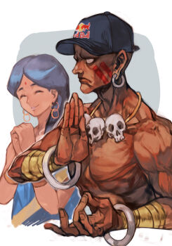 1boy 1girl baseball_cap bindi blank_eyes capcom character_request cropped_torso dark-skinned_male dark_skin dhalsim earrings closed_eyes facepaint frown hat hoop_earrings hungry_clicker jewelry necklace own_hands_together red_bull skull_necklace smile solo street_fighter white_background