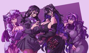 4girls @_@ ahoge ass bare_shoulders black_dress black_hair book breasts cardigan cleavage cleavage_cutout clothing_cutout covered_erect_nipples cowboy_shot crossover dress glasses goddess_of_victory:_nikke hair_between_eyes hairband halissonhali hat hex_maniac_(pokemon) hex_maniac_(pokemon_legends:_z-a) hex_maniac_(pokemon_xy) holding holding_book label_(nikke) large_breasts long_sleeves mole mole_on_neck multicolored_hair multiple_girls nintendo patchouli_knowledge pokemon pokemon_legends:_z-a pokemon_xy purple_background purple_dress purple_eyes purple_hair purple_hat purple_theme simple_background smile standing touhou turtleneck two-tone_hair