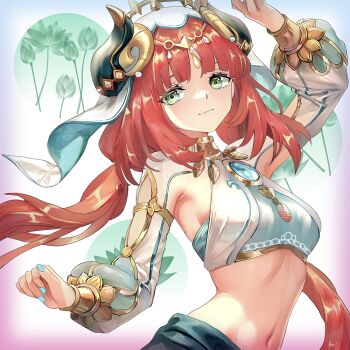 1girl aqua_nails arm_up blue_trim breasts closed_mouth commentary_request crop_top fake_horns fingernails genshin_impact green_eyes harem_outfit horns long_hair long_sleeves looking_at_viewer medium_breasts miyashirokiyu navel nilou_(genshin_impact) red_hair sleeveless smile solo stomach upper_body veil white_veil