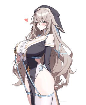 1girl absurdres black_dress breasts brown_hair detached_sleeves dress green_eyes highres huge_breasts long_hair nun nun_headdress original pelvic_curtain single_thighhigh sitting smile solo taiyaki12 thighhighs white_background white_thighhighs