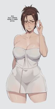 absurdres alternate_breast_size_(larger) artist_name black-framed_eyewear breasts cleavage closed_mouth collarbone commentary covered_navel cropped_legs english_commentary english_text forehead frown glasses hange_zoe highres long_hair looking_at_viewer naked_towel ponytail semi-rimless_eyewear shingeki_no_kyojin standing towel under-rim_eyewear yayo_the_jowen