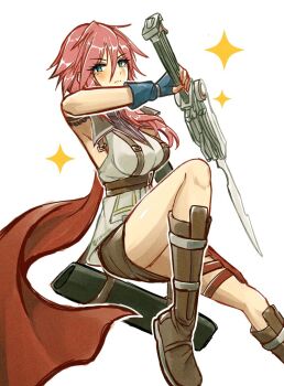 1girl armpits blue_gloves blush boots brown_boots brown_skirt cape closed_mouth eyelashes final_fantasy final_fantasy_xiii fingerless_gloves frown gloves gunblade hair_between_eyes holding holding_weapon kamaniki lightning_farron long_hair looking_at_viewer pink_hair red_cape sheath skirt solo twitter_username weapon white_background