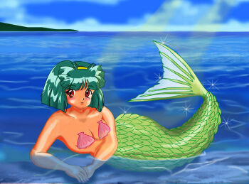 1girl bikini blush breasts brown_eyes clam_shell cleavage cloud collarbone hairband konami light_rays looking_at_viewer lying medium_breasts mermaid monster_girl neko_no_kimagure ocean partially_submerged pink_bikini red_hair sakura_kaedeko seashell shell shell_bikini short_hair sky smile sparkle sunbeam sunlight swimsuit tokimeki_memorial tokimeki_memorial_2 water