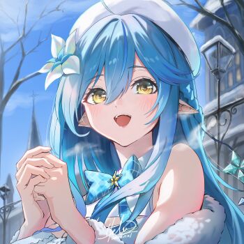 Rule 34 | 1girl, absurdres, ahoge, armpit crease, beret, blue bow, blue bowtie, blue hair, blush, bow, bowtie, commentary request, day, elf, flower, fur-trimmed jacket, fur trim, hair between eyes, hair flower, hair ornament, hat, highres, hololive, hz (helu 2), jacket, lamppost, long hair, open mouth, outdoors, own hands together, plaid bow, pointy ears, shirt, sleeveless, sleeveless shirt, smile, solo, very long hair, virtual youtuber, white flower, white hat, yellow eyes, yukihana lamy, yukihana lamy (1st costume)