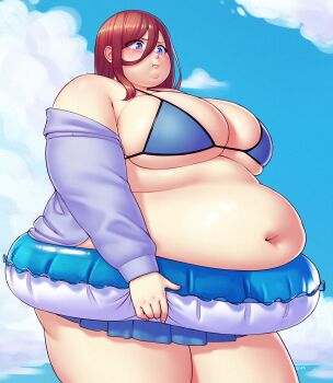 1girl absurdres alternate_body_size bare_shoulders beach belly better-with-salt big_belly bikini bikini_skirt blue_bikini blue_eyes blue_jacket blue_sky blush breasts brown_hair cleavage closed_mouth cloud cowboy_shot double_chin fat go-toubun_no_hanayome hair_between_eyes highres holding holding_swim_ring innertube jacket large_breasts long_hair looking_ahead loosely_tucked_bangs midriff muffin_top nakano_miku navel obese ocean open_clothes open_jacket outdoors sky solo swim_ring swimsuit thick_arms thick_thighs thighs water weight_conscious weight_gain