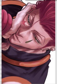 1boy art_program_in_frame brown_eyes commentary_request eyelashes facial_mark hands_on_own_face highres hisoka_morow hunter_x_hunter lips male_focus nose red_hair riperipe_apple short_hair sideways simple_background solo star_(symbol) star_facial_mark teardrop_facial_mark white_background