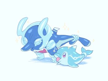 closed_eyes closed_mouth dolphin dreamozzie evolutionary_line exercising finizen nintendo no_humans open_mouth palafin palafin_(hero) pokemon pokemon_(creature) pokemon_focus push-ups simple_background sparkle wet white_background