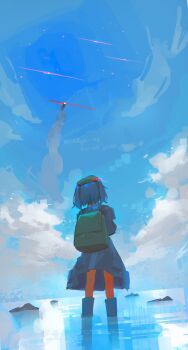1girl aesur_a backpack bag blue_boots blue_dress blue_hair blue_sky boots cloud commentary day dress english_commentary from_behind green_bag green_hat hat highres kawashiro_nitori missile outdoors pocket rock sky solo standing touhou two_side_up wading water