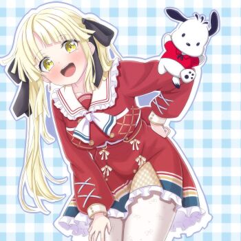 1girl a5hio absurdres alternate_costume bang_dream! blonde_hair blush breasts collarbone dog dress feet_out_of_frame happy highres long_hair looking_at_viewer medium_breasts open_mouth red_dress solo standing teeth tsurumaki_kokoro upper_teeth_only