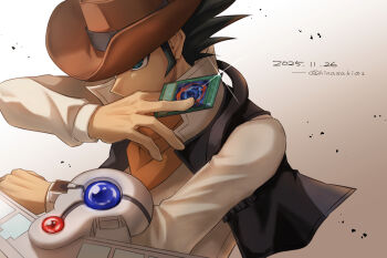 1boy black_hair black_vest blue_eyes brown_hat card commentary_request cowboy_hat dated grey_background hat holding holding_card jim_crocodile_cook male_focus p1easurean999 shirt solo trading_card twitter_username upper_body vest white_background white_shirt yu-gi-oh! yu-gi-oh!_gx