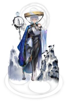 1girl absurdres asymmetrical_clothes bead_bracelet beads blue_haori bracelet breasts full_body goddess_of_victory:_nikke haori hat highres japanese_clothes jewelry jindogod jingasa mole mole_on_breast monk nayuta_(nikke) print_haori shakujou solo split-color_clothes staff thick_eyelashes unusually_open_eyes