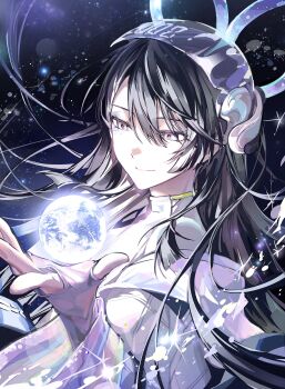 Rule 34 | 18trip, 1boy, absurdres, alternate hair length, alternate hairstyle, asymmetrical bangs, black hair, blue eyeshadow, closed mouth, collared shirt, earth (planet), eyeshadow, fingerless gloves, floating, galaxy, gloves, hair between eyes, hair flowing over, hamunicetrip, helmet, highres, holding, holding planet, kaguya muneuji, long hair, long sleeves, looking at object, makeup, multicolored eyes, planet, see-through clothes, see-through shawl, shawl, shirt, sky, smile, solo, space, sparkle, star (sky), starry sky, starry sky background, upper body, very long hair, zero gravity